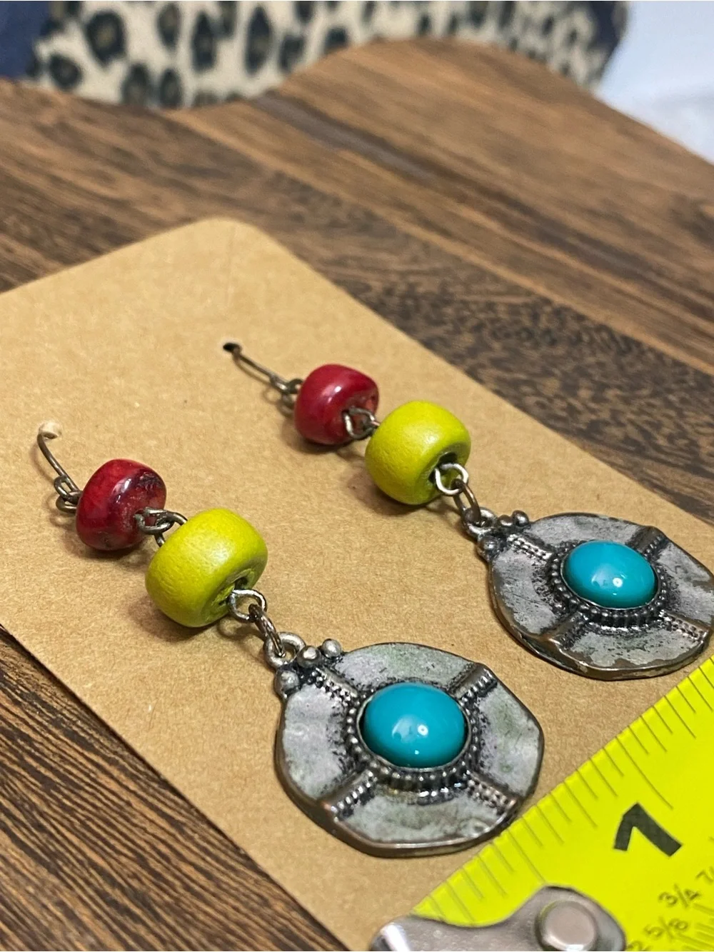 Boho Turquoise Medallion Drop Earrings with Red and Yellow Beads